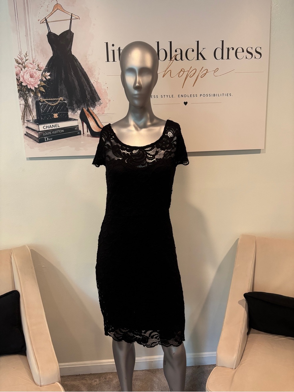 Ci Sono Black Lace Midi Dress with Scoop Neck